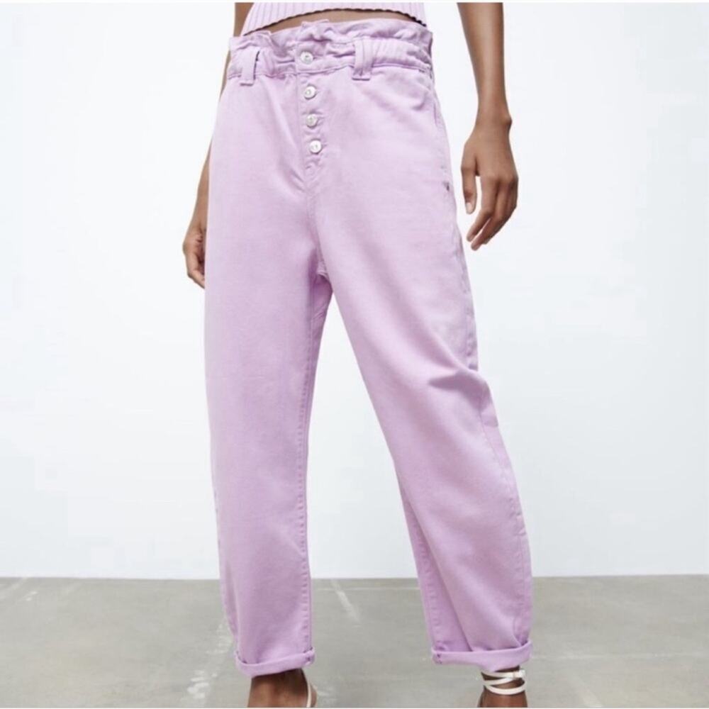 Zara Lilac High Rise Slouchy Fit Paper Bag Jeans